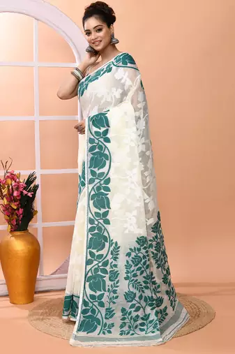 Off white festive wear cotton silk rama border pallu jamdani saree with running blouse