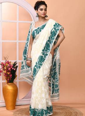 Off white festive wear cotton silk rama border pallu jamdani saree with running blouse 3
