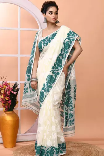 Off white festive wear cotton silk rama border pallu jamdani saree with running blouse