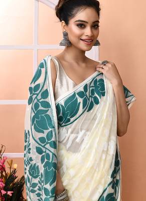 Off white festive wear cotton silk rama border pallu jamdani saree with running blouse 4