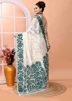 Off white festive wear cotton silk rama border pallu jamdani saree with running blouse 5