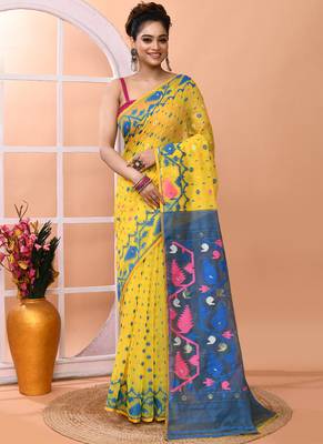 Yellow festive wear cotton silk tute border pallu jamdani saree with running blouse 1