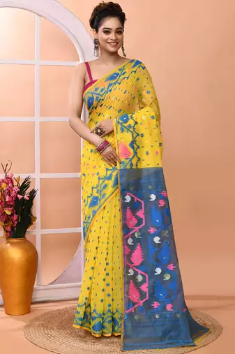 Yellow festive wear cotton silk tute border pallu jamdani saree with running blouse
