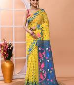 Yellow festive wear cotton silk tute border pallu jamdani saree with running blouse
