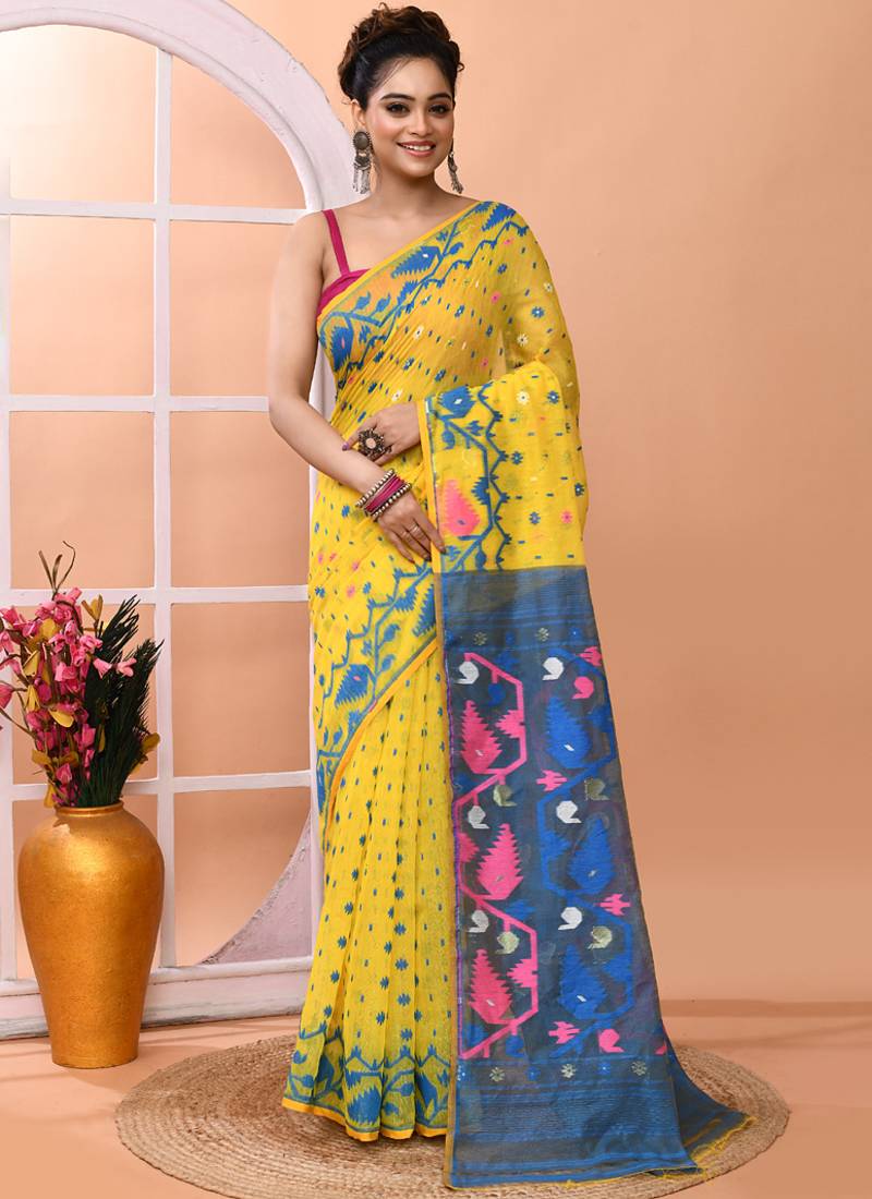 Yellow festive wear cotton silk tute border pallu jamdani saree with running blouse
