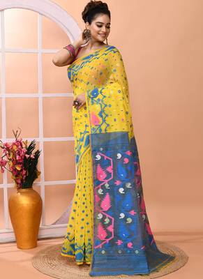 Yellow festive wear cotton silk tute border pallu jamdani saree with running blouse 2