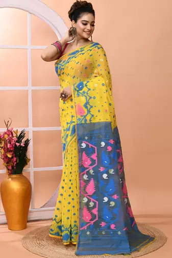 Yellow festive wear cotton silk tute border pallu jamdani saree with running blouse