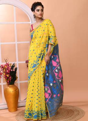 Yellow festive wear cotton silk tute border pallu jamdani saree with running blouse 3
