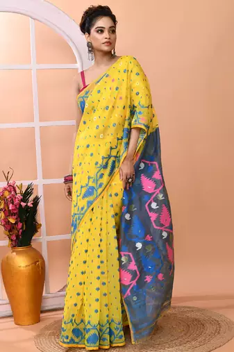 Yellow festive wear cotton silk tute border pallu jamdani saree with running blouse
