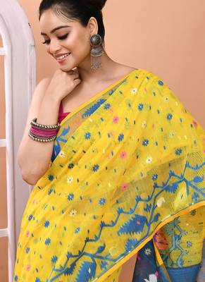 Yellow festive wear cotton silk tute border pallu jamdani saree with running blouse 4