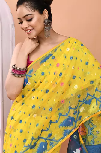 Yellow festive wear cotton silk tute border pallu jamdani saree with running blouse