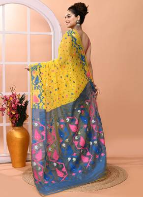 Yellow festive wear cotton silk tute border pallu jamdani saree with running blouse 5