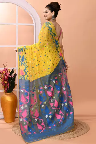 Yellow festive wear cotton silk tute border pallu jamdani saree with running blouse