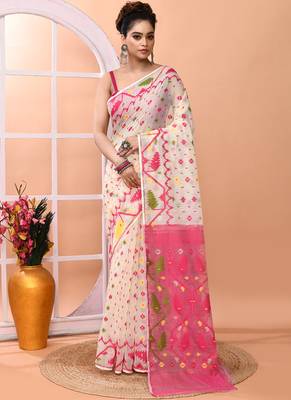 Off white festive wear cotton silk pink border pallu jamdani saree with running blouse 1