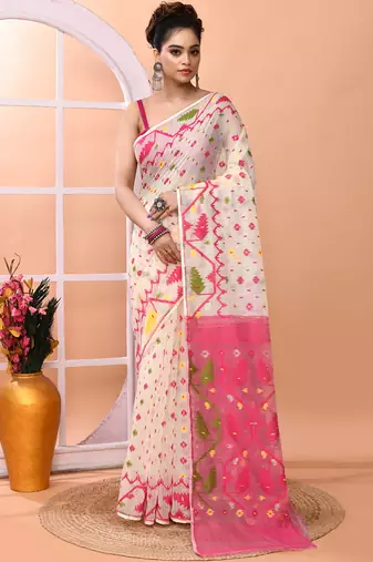 Off white festive wear cotton silk pink border pallu jamdani saree with running blouse