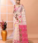 Off white festive wear cotton silk pink border pallu jamdani saree with running blouse