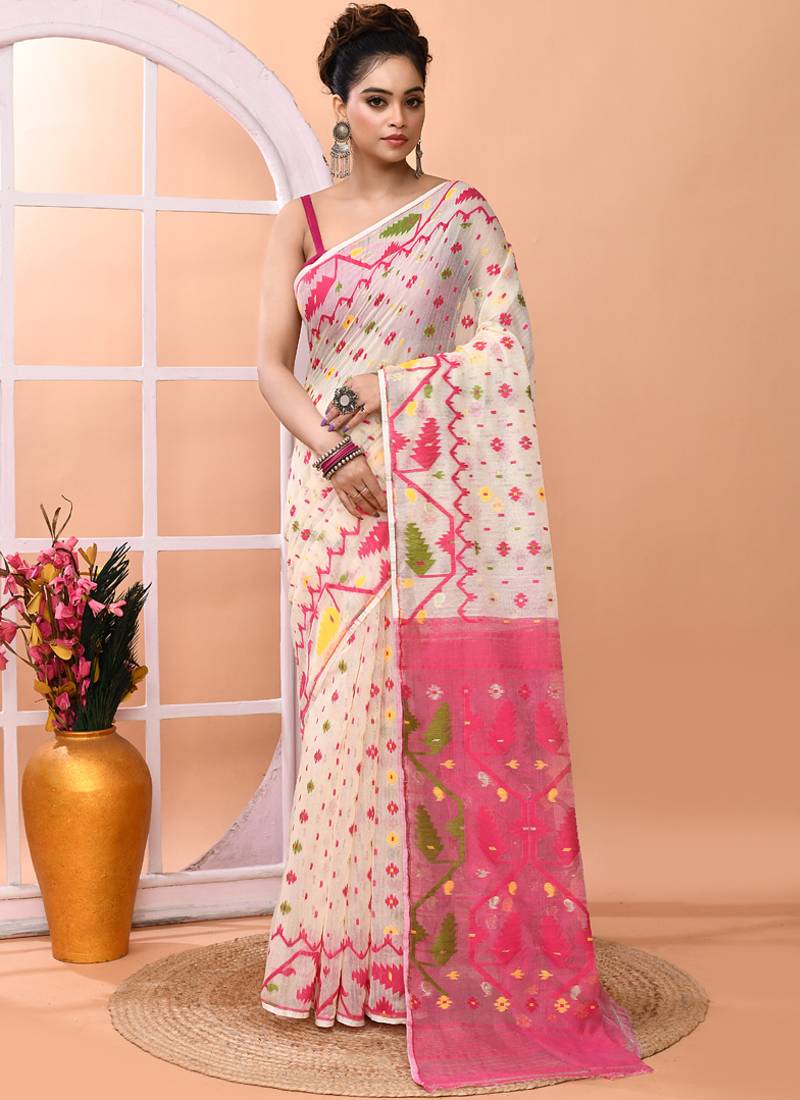 Off white festive wear cotton silk pink border pallu jamdani saree with running blouse