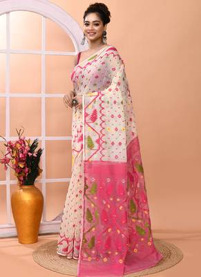 Off white festive wear cotton silk pink border pallu jamdani saree with running blouse 2
