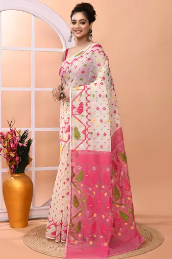 Off white festive wear cotton silk pink border pallu jamdani saree with running blouse