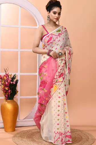 Off white festive wear cotton silk pink border pallu jamdani saree with running blouse
