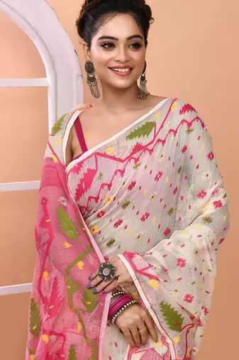 Off white festive wear cotton silk pink border pallu jamdani saree with running blouse