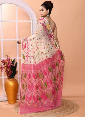 Off white festive wear cotton silk pink border pallu jamdani saree with running blouse 5
