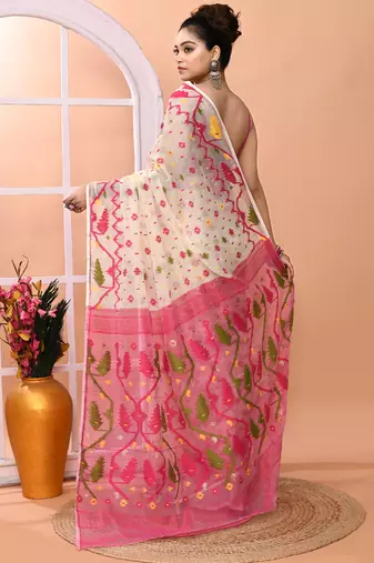 Off white festive wear cotton silk pink border pallu jamdani saree with running blouse