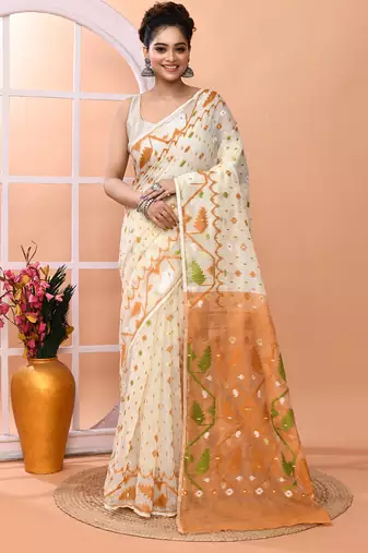 Off white festive wear cotton silk coral border pallu jamdani saree with running blouse