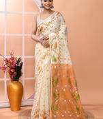 Off white festive wear cotton silk coral border pallu jamdani saree with running blouse