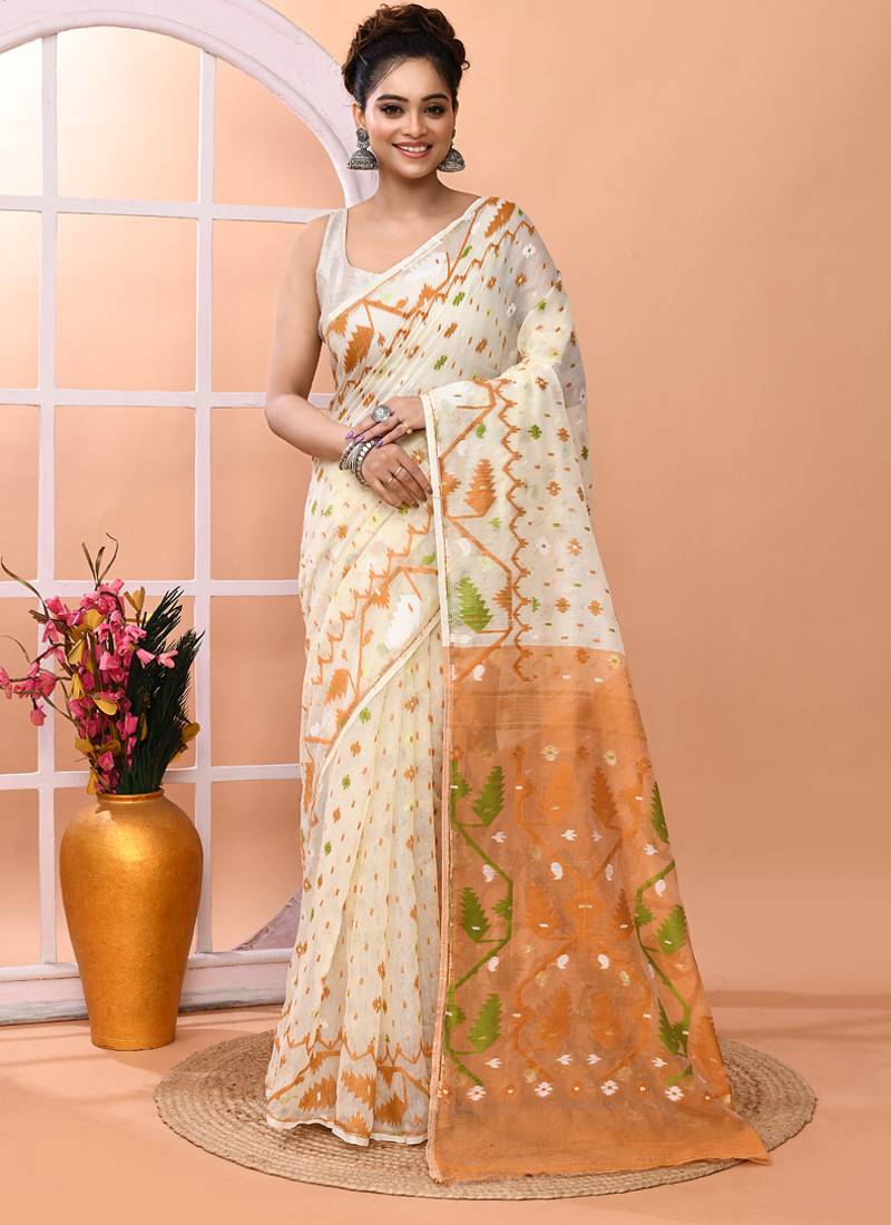 Off white festive wear cotton silk coral border pallu jamdani saree with running blouse