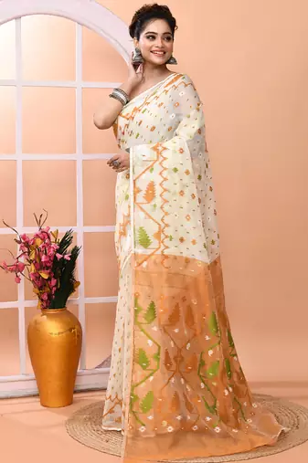 Off white festive wear cotton silk coral border pallu jamdani saree with running blouse
