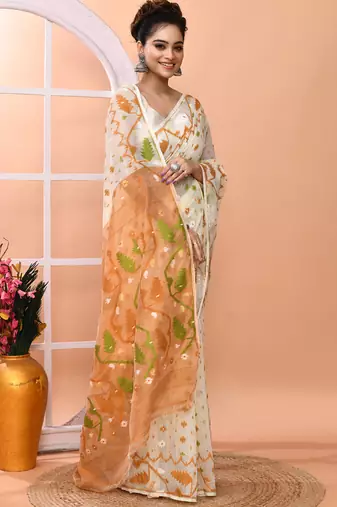 Off white festive wear cotton silk coral border pallu jamdani saree with running blouse