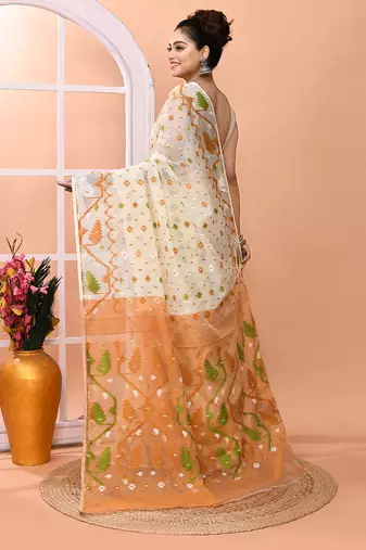 Off white festive wear cotton silk coral border pallu jamdani saree with running blouse