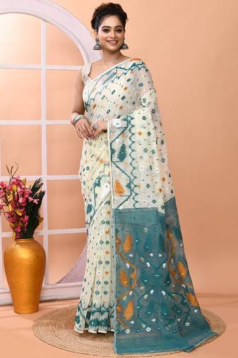Off white festive wear cotton silk rama border pallu jamdani saree with running blouse