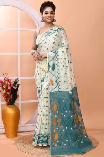 Off white festive wear cotton silk rama border pallu jamdani saree with running blouse