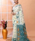 Off white festive wear cotton silk rama border pallu jamdani saree with running blouse