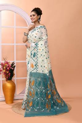 Off white festive wear cotton silk rama border pallu jamdani saree with running blouse 2