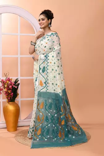 Off white festive wear cotton silk rama border pallu jamdani saree with running blouse