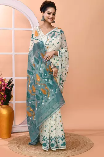 Off white festive wear cotton silk rama border pallu jamdani saree with running blouse