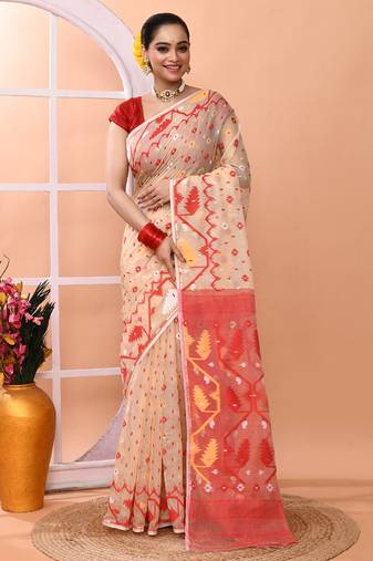 Beige festive wear cotton silk red border pallu jamdani saree with running blouse