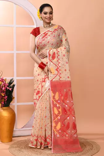 Beige festive wear cotton silk red border pallu jamdani saree with running blouse