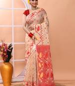 Beige festive wear cotton silk red border pallu jamdani saree with running blouse