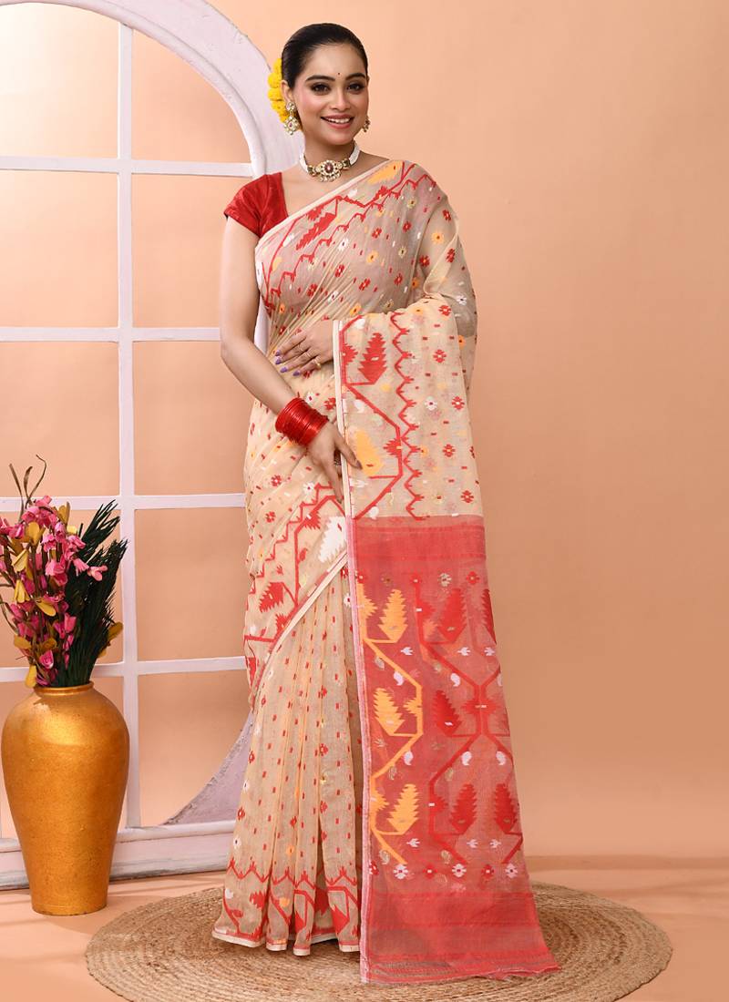Beige festive wear cotton silk red border pallu jamdani saree with running blouse