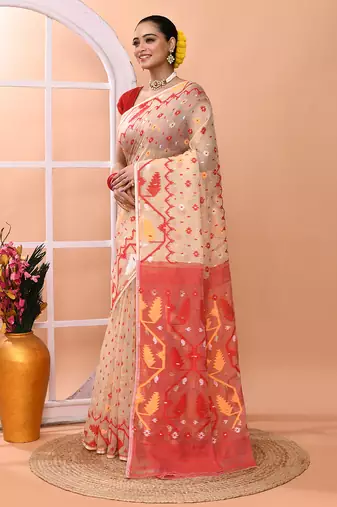Beige festive wear cotton silk red border pallu jamdani saree with running blouse
