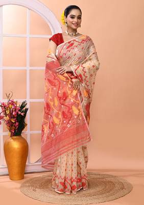 Beige festive wear cotton silk red border pallu jamdani saree with running blouse 3