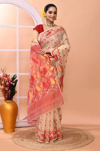 Beige festive wear cotton silk red border pallu jamdani saree with running blouse