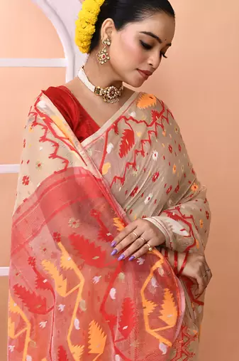 Beige festive wear cotton silk red border pallu jamdani saree with running blouse
