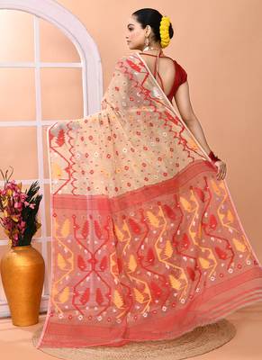 Beige festive wear cotton silk red border pallu jamdani saree with running blouse 5