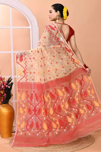 Beige festive wear cotton silk red border pallu jamdani saree with running blouse