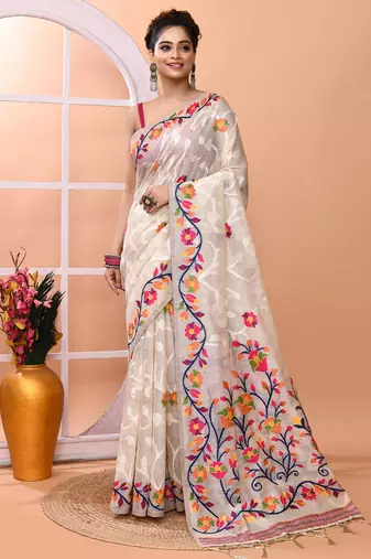 Off white festive wear silk blend multicolor border pallu jamdani saree with running blouse